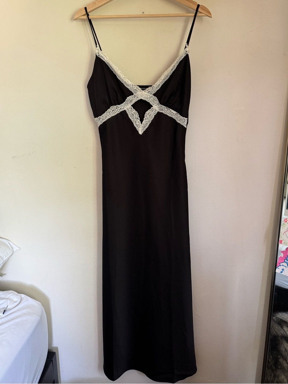 Forever 21 Black Slip Dress with White Lace Cross-Front Detail and Cutout
